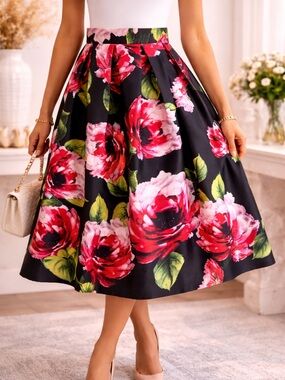 Beulah Style Black Floral A-Line Maxi Skirt Size S